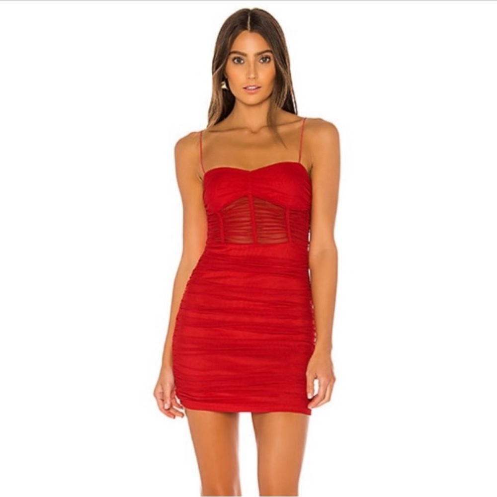 Superdown Dress by Revolve. Red Ruched mini dress